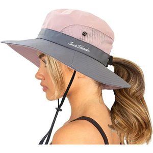 Womens Summer Sun Hat Outdoor UV Protection Fishing Hat Wide Brim Ponytail Hole